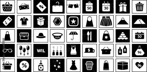 A grid of thirty black and white icons, each enclosed within a square frame, arranged in a six-by-five formation. The icons represent various objects and concepts associated with shopping, commerce, a