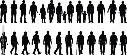 Human life stages silhouettes set, men women children walking standing aging progression isolated black vector illustration on white background