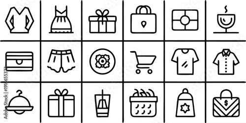 A grid of thirty black and white icons, each enclosed within a square frame, arranged in a six-by-five formation. The icons represent various objects and concepts associated with shopping, commerce, a
