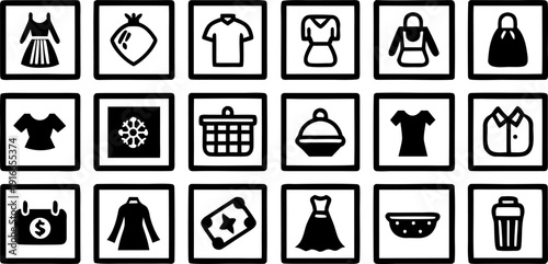 A grid of thirty black and white icons, each enclosed within a square frame, arranged in a six-by-five formation. The icons represent various objects and concepts associated with shopping, commerce, a