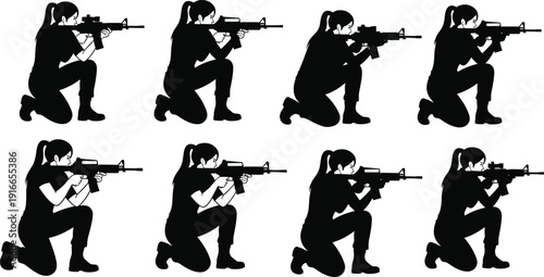 Kneeling woman soldier silhouette set holding assault rifle weapon black and white vector for military tactical girl power flavector collection