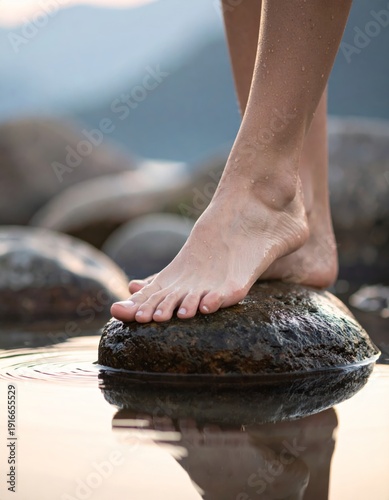 Female Barefoot Standing on Wet Stone at Beach, Foot Care and Pedicure Concept
