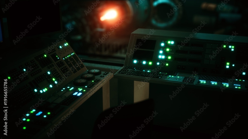 Fototapeta premium In a dark control room, illuminated buttons and screens create a moody atmosphere. The setup hints at advanced technology, casting a green glow that enhances intrigue.