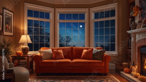 Wallpaper Mural Cozy living room with a view of the moonlit night sky through large windows Torontodigital.ca