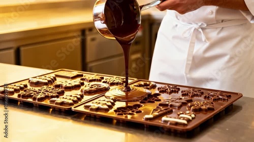Closeup medium view of a chocolatier expertly filling solid seasonal molds showcasing rich melted chocolate flowing evenly and filling every intricate holiday design.
