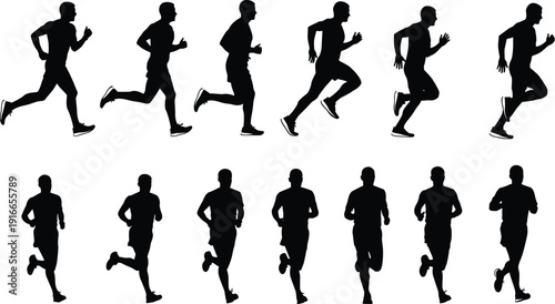 Man Running Silhouette Collection Set with Various Poses Showing Male Athlete Sprinting Jogging and Exercising for Sports Fitness Graphic Design