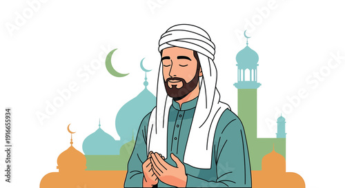 Man standing in front of mosque with crescent moon in the sky