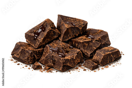 Dark chocolate chunks with cocoa powder and syrup drops, delicious sweet dessert ingredient, transparent background
