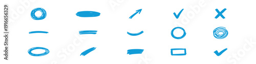 Set of hand-drawn marker strokes, icons, and highlights in black and blue. Includes circles, arrows, checkmarks, and underlines on white background.