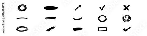 Set of hand-drawn marker strokes, icons, and highlights in black and blue. Includes circles, arrows, checkmarks, and underlines on white background.