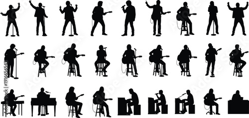 Musician Silhouette Collection Set with Singers Guitarists and Pianists Performing on Stage for Live Music Concert Event and flavector Brand