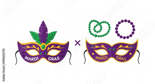 Mardi gras masks and beads for carnival celebrations and parties with purple green and gold decorations