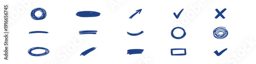 Set of hand-drawn marker strokes, icons, and highlights in black and blue. Includes circles, arrows, checkmarks, and underlines on white background.