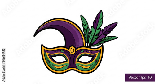 Mardi gras mask with purple green and gold colors and feathers on white background for festive celebrations