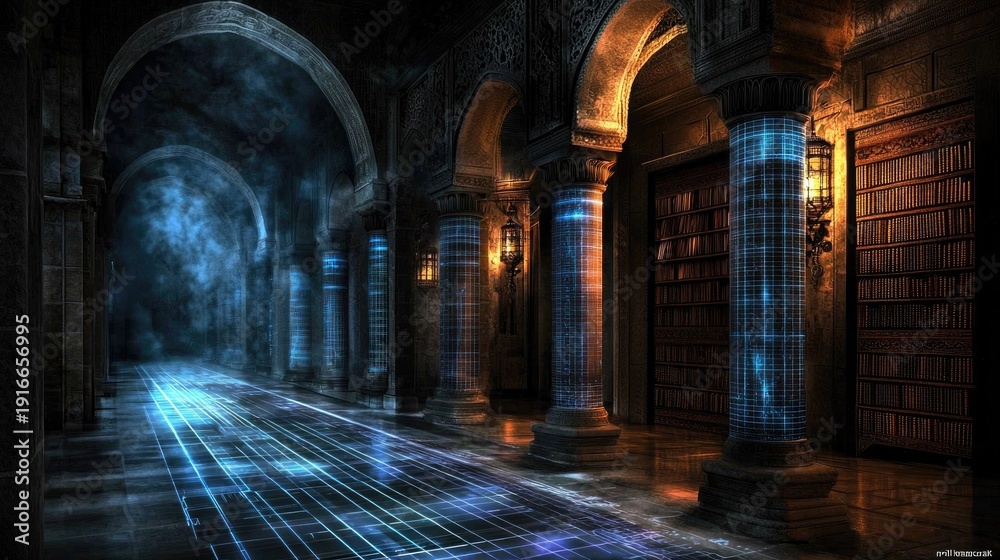 Fototapeta premium mystic ancient library hall with glowing blue lines