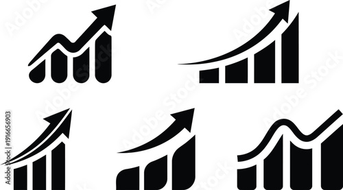 Collection of ascending bar graphs illustrating financial growth and business improvement