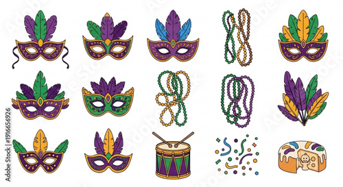 Mardi gras masks beads and drums for carnival celebrations and party decorations
