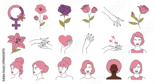 Women's rights and empowerment symbols with flowers and heart