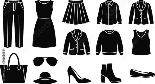 Essential collection of diverse women's clothing items and fashion accessories in silhouette form
