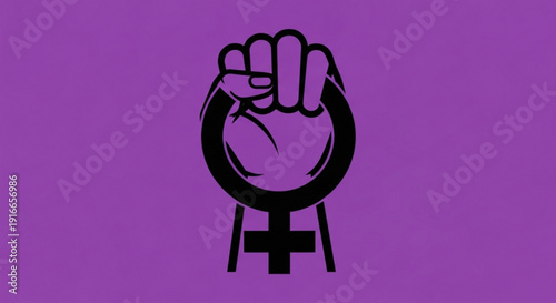 Feminist symbol with raised fist on purple background representing female empowerment and equality