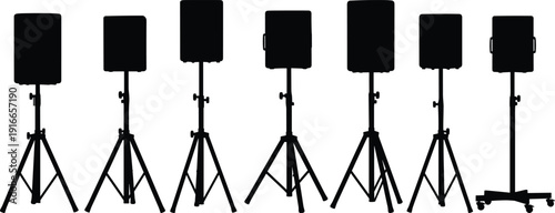Black Silhouette of Professional Audio Speakers on Tripod Stands Row Isolated on White Background for Music Event Concert Sound Equipment and DJ Concept
