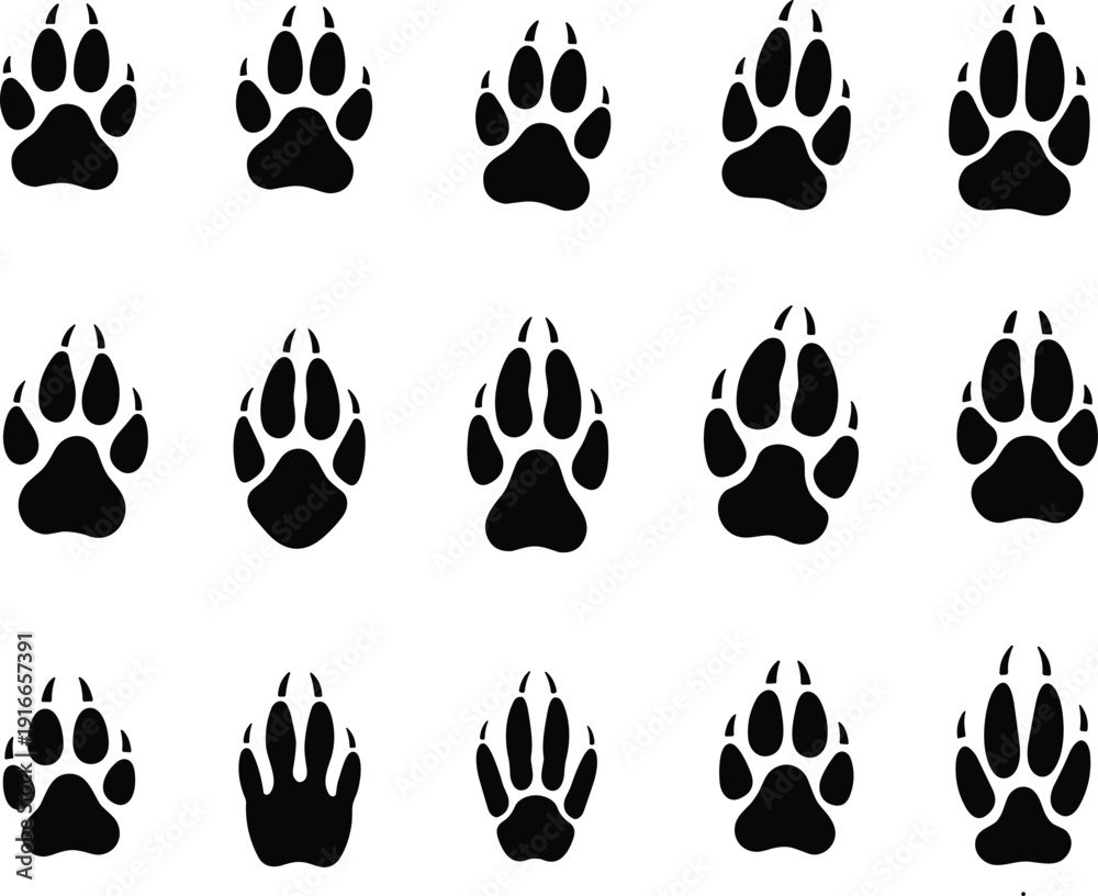 Fototapeta premium Vector illustration of animal paw prints in grid layout symbolizing wildlife, tracking, biology, environment, education, culture, and decorative design
