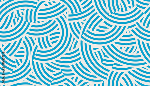 Seamless abstract geometric pattern featuring blue overlapping circular lines and waves. Creative striped messy background. Modern minimalist texture suitable for Japanese-style designs, fabric.