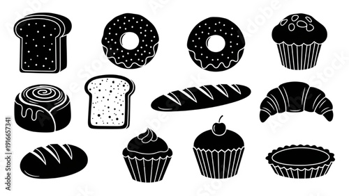 Assorted baked goods including pastries and bread displayed neatly in a graphic illustration