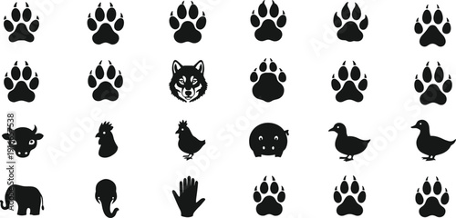 Vector illustration of animal paw prints and silhouettes including wolf, buffalo, rooster, pig, elephant symbolizing wildlife, culture, and education