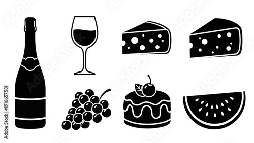 Assorted food and drink illustrations including wine, cheese, and fruit displayed together in a graphic collection