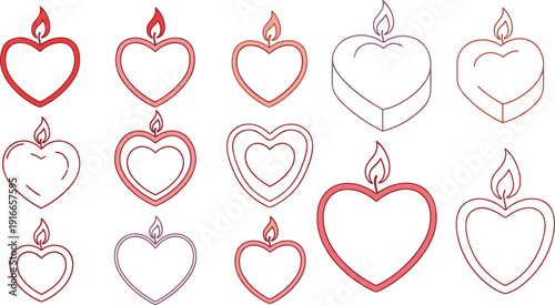 Flaming heart outline icons set symbolizing love, passion, devotion, and sacred emotions illustrated in elegant minimal line art flat vector style