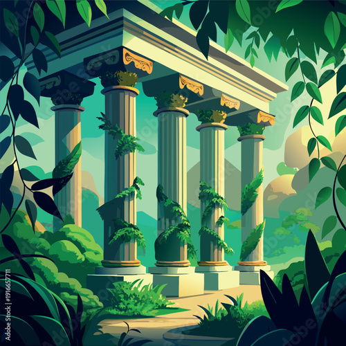 Ancient stone pillars ruins covered with green vines in a lush forest