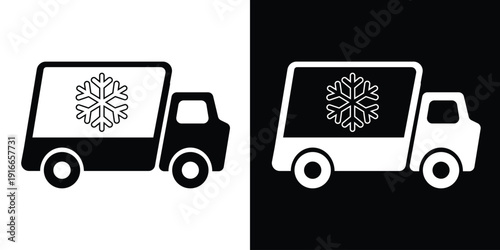 Refrigerated transport truck icon. Cargo van featuring a snowflake symbol for cold chain logistics. Minimalist black and white vector art for frozen food delivery and climate-controlled shipping.