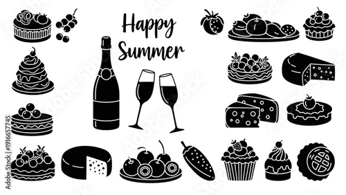Assorted desserts and wine glasses with 'Happy Summer' text in a celebratory illustration