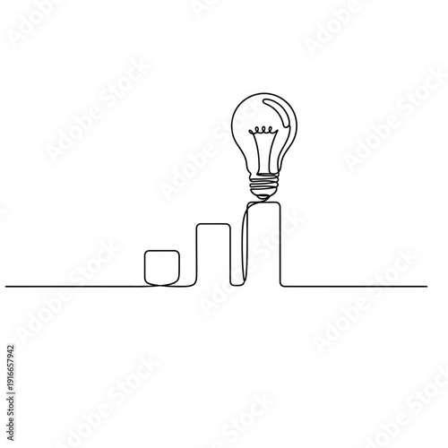 A continuous line drawing of a lightbulb on a stand, symbolizing innovation and creativity, set against a simple background from a straightforward viewpoint.