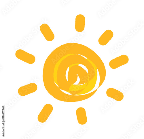 Sun drawing. Cute child style painted sun illustration. Design element.