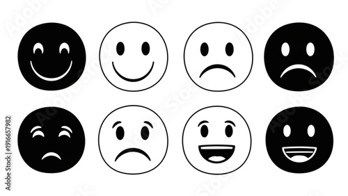 Collection of various emoticon faces illustrating different emotional expressions and reactions in a simple graphic design