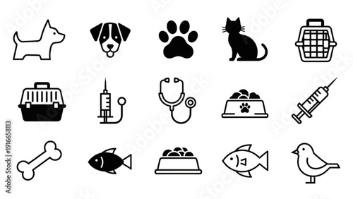 Collection of simple animal care icons on a clean background from a straightforward viewpoint