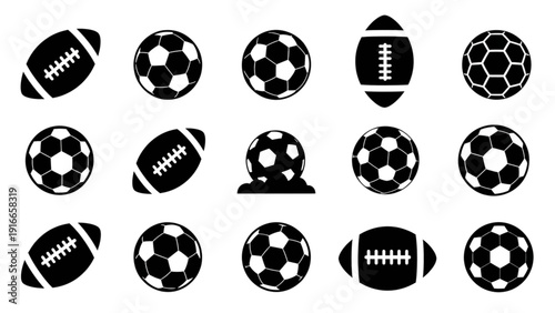 Collection of various sports ball icons displayed in a grid pattern on a simple background from a straightforward viewpoint