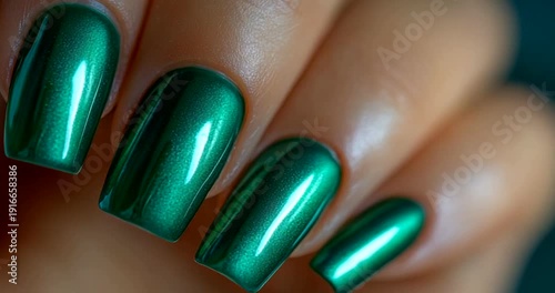 Glossy green nail polish showcasing a stylish manicure