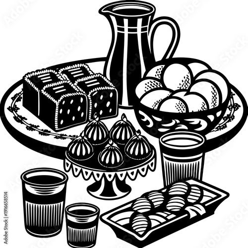 Vector illustration of a kitchen utensil set with a jug, cups, bottles, and breakfast drinks in a simple cartoon style