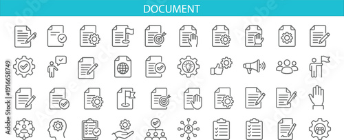 Document management and business workflow line icons set featuring file editing, approval process, checklist, settings, collaboration and corporate productivity outline symbols