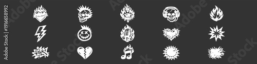 Collection of hand-drawn punk rock icons including skulls, flames, hearts, and graffiti. Distressed white grunge elements on dark background.