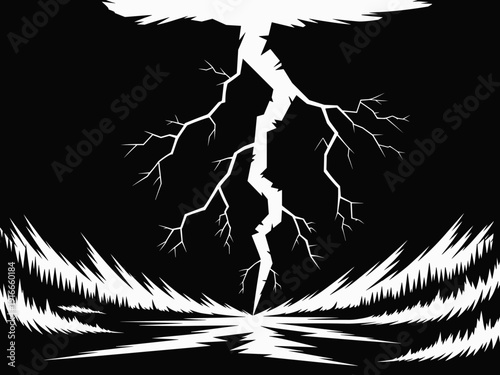 Dramatic Lightning Strike Illuminating a Barren Wasteland Landscape with Jagged Peaks and Cracked Earth, a Stormy Apocalypse Conceptual Illustration for Environmental Disaster, Destruction, and Gloom,