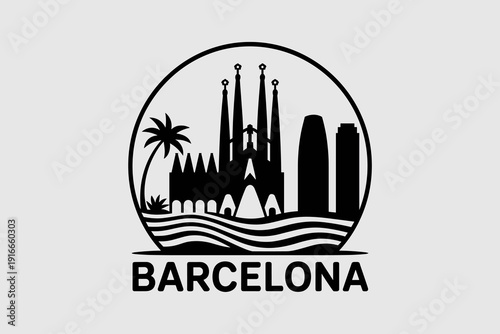 Barcelona Skyline Silhouette at Sunset, Spain Landmark Cityscape Vector Illustration, Travel Destination Concept, Minimalist Black and White Design, Tourism Symbol, Urban Icon, Spanish Culture, Vacati