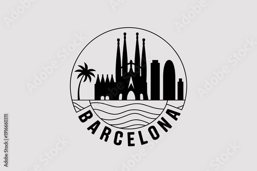 Stylish Barcelona Skyline Silhouette: Captivating Cityscape and Landmarks Illustration within Circle Frame – Perfect for Travel Agency Branding, Souvenir Designs, Tourism Marketing, Urban Exploration,