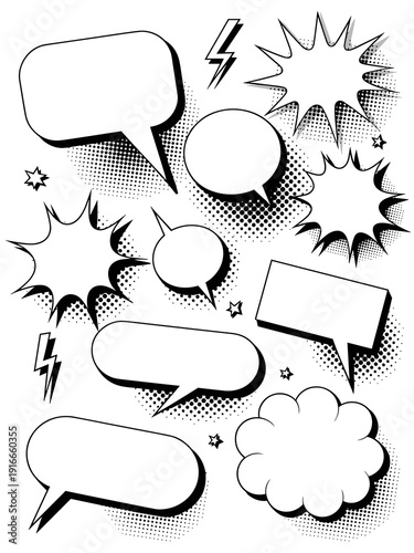 Dynamic Comic Book Elements Bursting with Creativity: Retro Speech Bubbles, Halftone Backgrounds, and Explosion Effects Create a Vintage Pop Art Vibe for Graphic Novels, Presentations, Posters and Mor