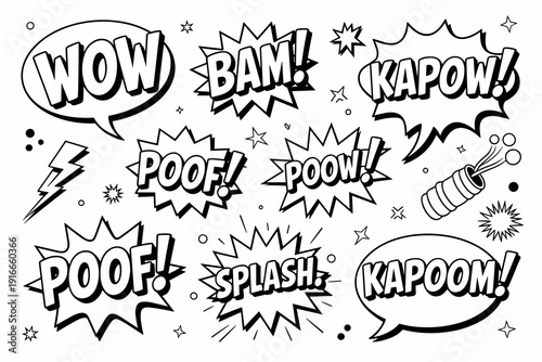Dynamic Comic Book Sound Effects for Creative Projects: Explosions, Impacts & More! Bold Black & White Design for Graphic Novels, Presentations, Kids Designs & Action-Packed Visuals – Pow, Bang, Kapow
