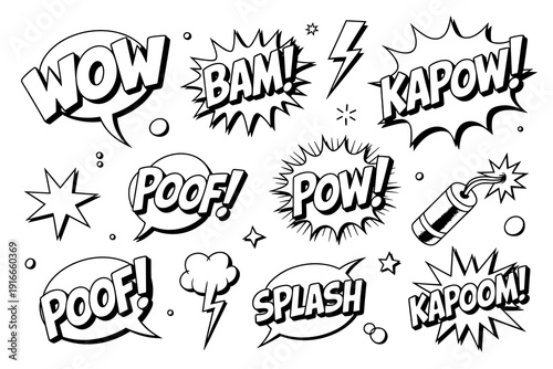 Dynamic Comic Book Elements Explosion Graphics, Powerful Expressions Design Set on White, Vintage Speech Bubbles and Boom Effects for Creative Projects, Retro Style Graphic Resource Pack, Superhero Ac
