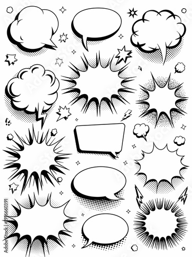 Comic Book Speech Bubbles and Burst Elements Flying Through Space: Retro Pop Art Style Dialogue Balloons for Graphic Novels, Cartoon Messages, Storytelling, Announcements, Social Media, and Creative C